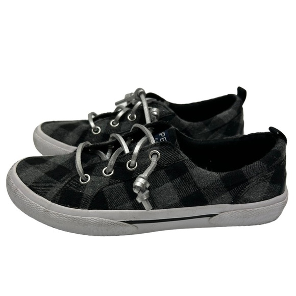 Sperry Girls SZ 1 Top Sider Pier Black Gray Weave Checker Sneaker Loafer Shoes - Picture 5 of 9